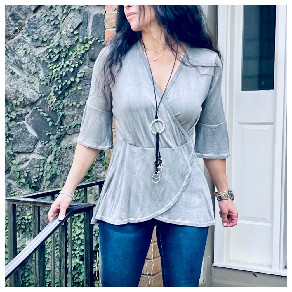 Faux front wrap v neck top